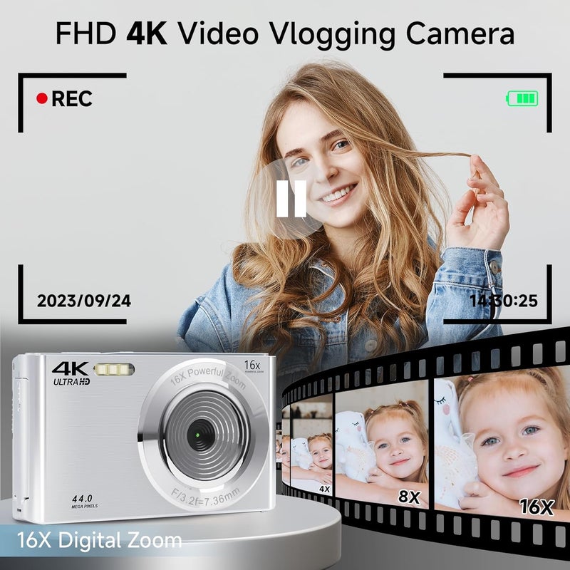 SMARTKLIK Digital Camera, 2025 4K 44MP Autofocus Digital Cameras for Teens, Silver Point and Shoot Camera for Kids with 16X Zoom, 64GB SD Card, Compact Small for Boys Girls Teens Kids Gift - Image 2